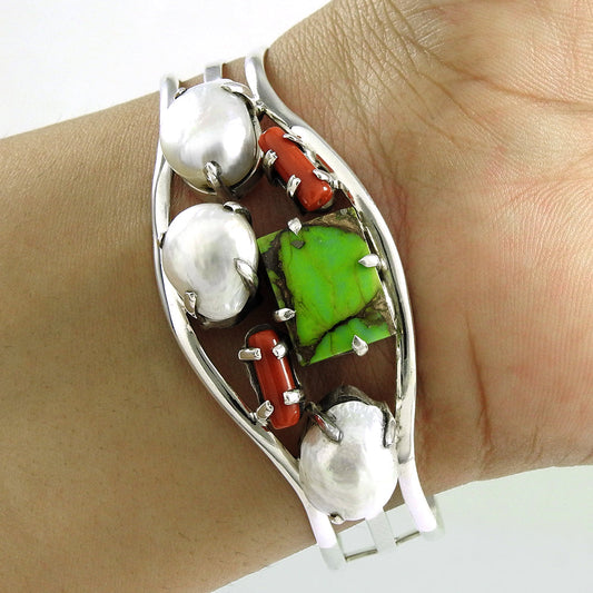 Vintage Sterling Silver Natural Pearl Coral Green Copper Turquoise Gemstone Bangle