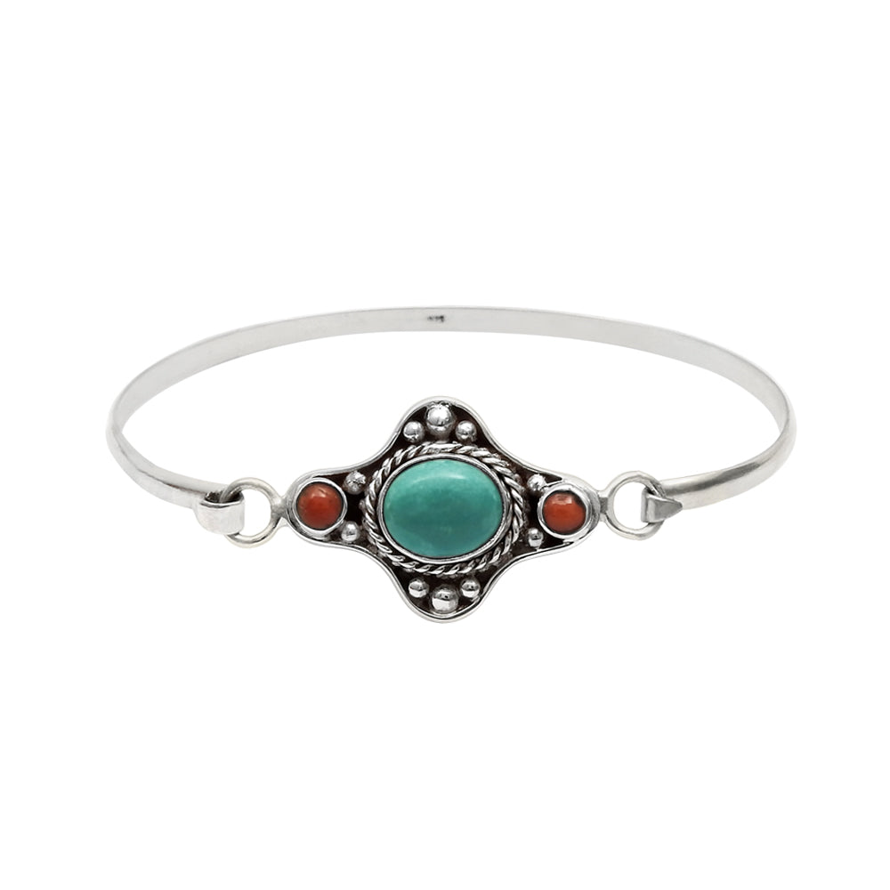 Oval Coral Gemstone Engagement Bezel Boho Trendy Artisan Bangle 925 Solid Silver