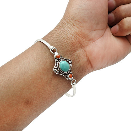 Oval Coral Gemstone Engagement Bezel Boho Trendy Artisan Bangle 925 Solid Silver