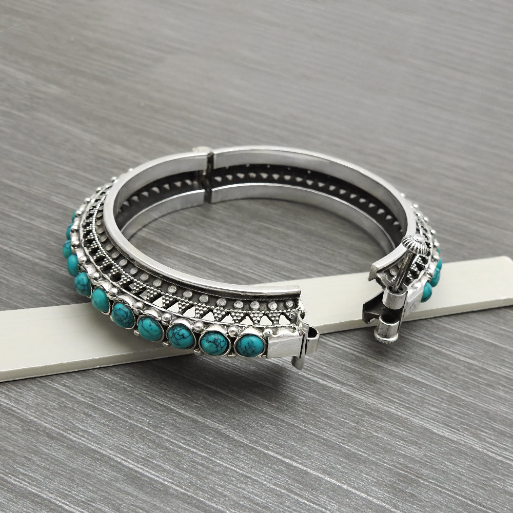 Natural Turquoise Gemstone Artisan Bangle 925 Sterling Silver Ethnic Jewelry J3