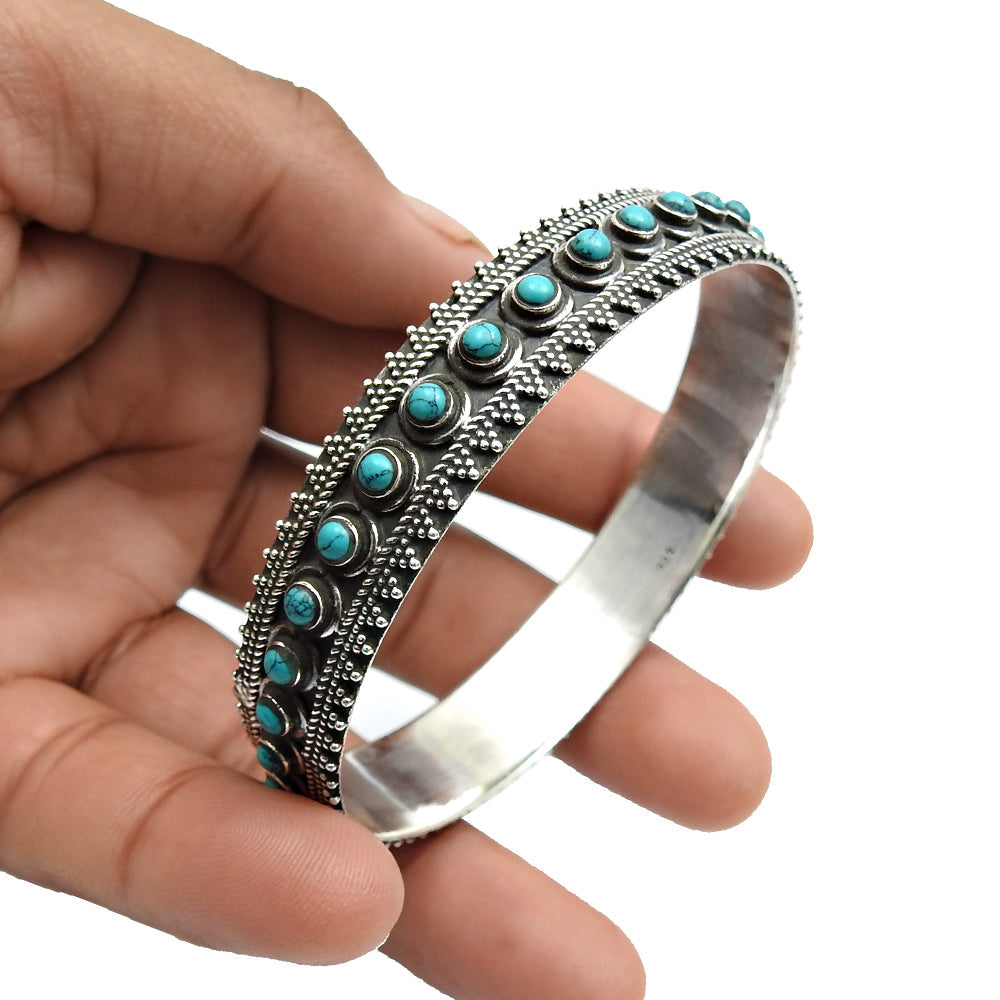 Natural Turquoise Gemstone Bangle Artisan 925 Sterling Silver Indian Jewelry T1