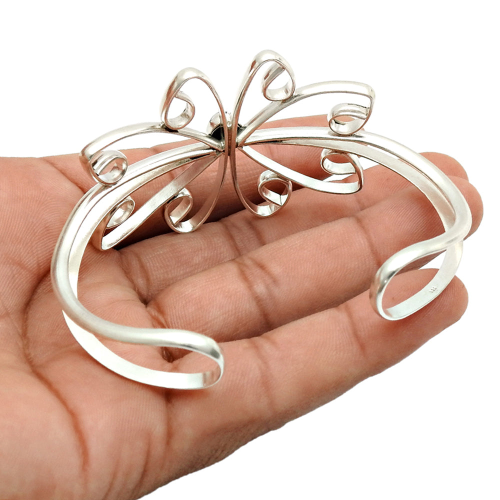 Natural Rainbow Moonstone Gemstone Cuff Flower White Bangle 925 Silver C1