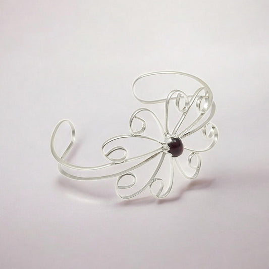 Birthday Gift Cuff Flower Bangle 925 Sterling Silver Natural Garnet Stone I1