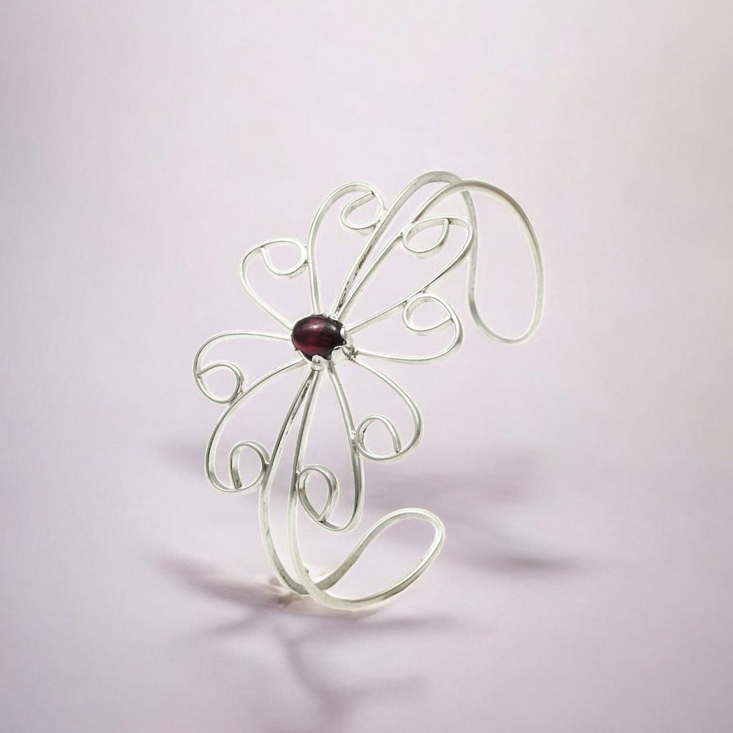 Birthday Gift Cuff Flower Bangle 925 Sterling Silver Natural Garnet Stone I1