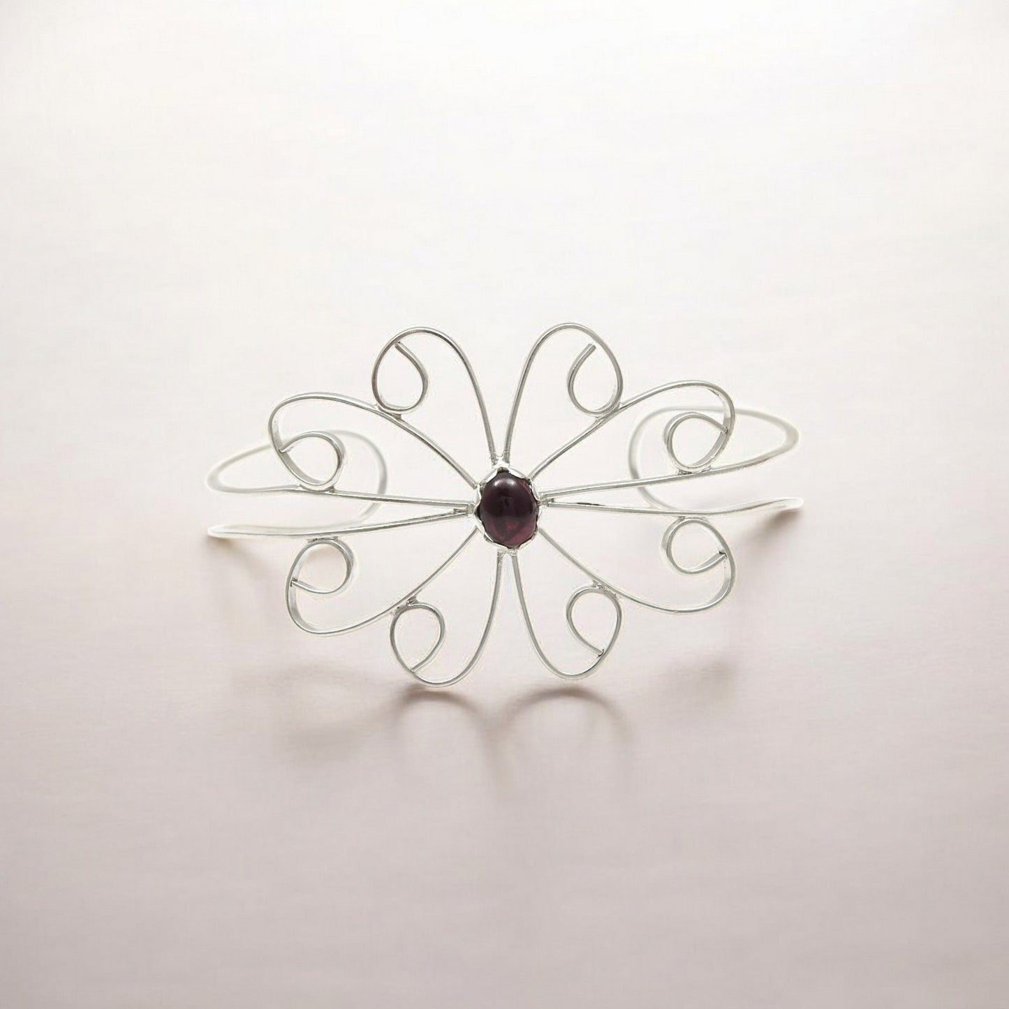 Birthday Gift Cuff Flower Bangle 925 Sterling Silver Natural Garnet Stone I1