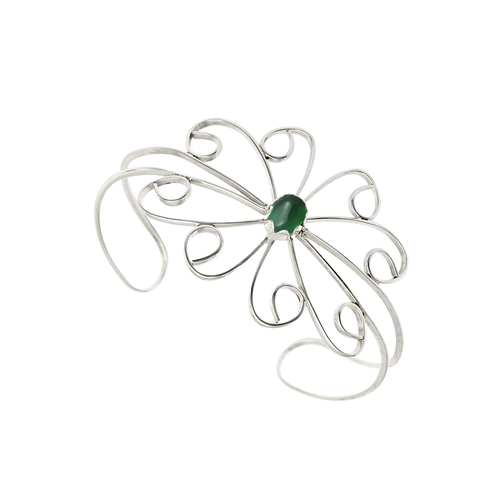 Natural Green Onyx Gemstone 925 Sterling Silver Cuff Flower Bangle For Girls U1