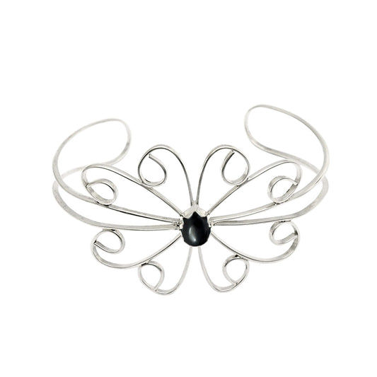 Natural Black Onyx Gemstone Cuff Flower Black Bangle 925 Sterling Silver Jewelry M1