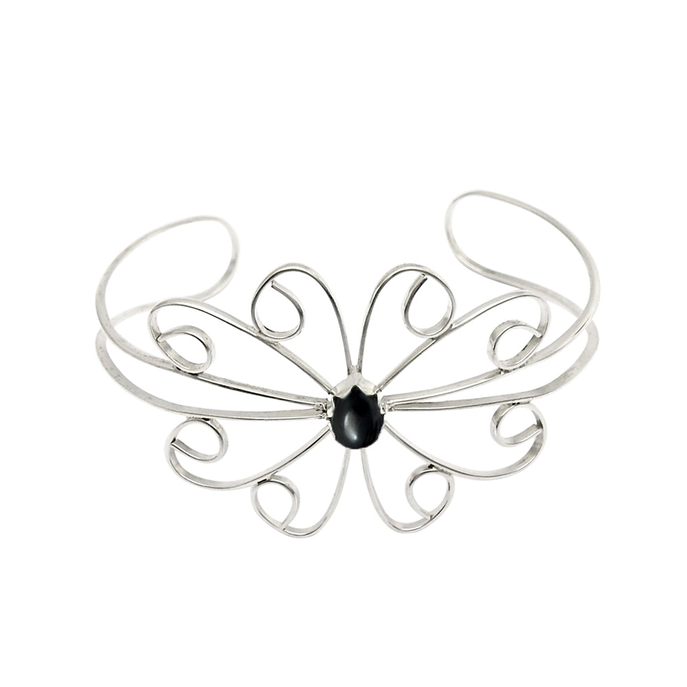 Natural Black Onyx Gemstone Cuff Flower Black Bangle 925 Sterling Silver Jewelry M1