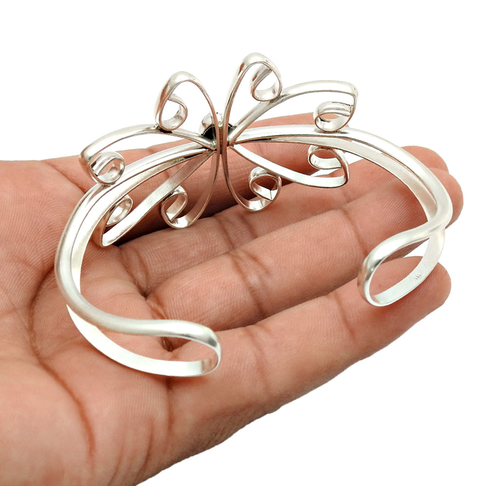 Natural Black Onyx Gemstone Cuff Flower Black Bangle 925 Sterling Silver Jewelry M1