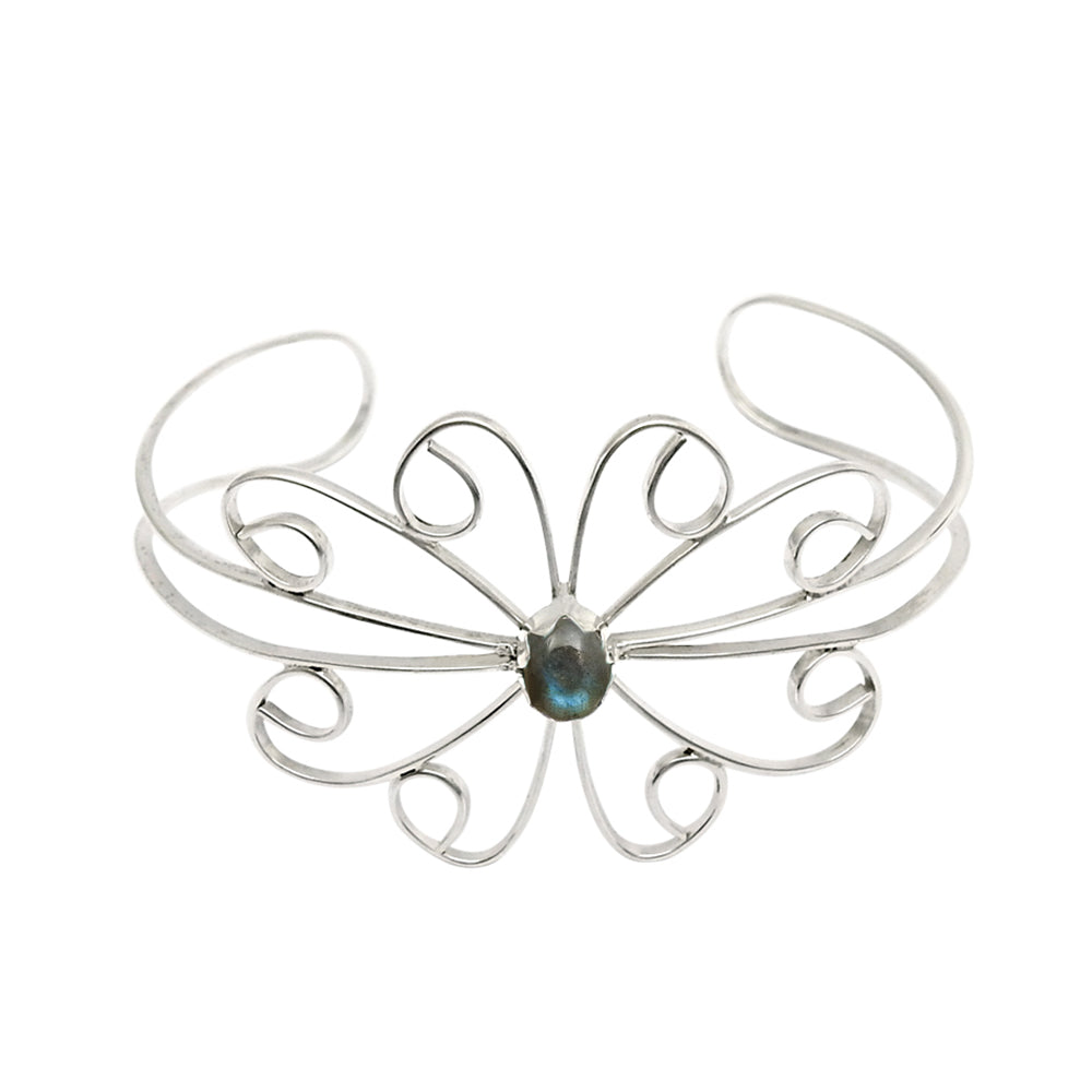 Birthday Gift 925 Silver Natural Labradorite Gemstone Cuff Flower Bangle W1