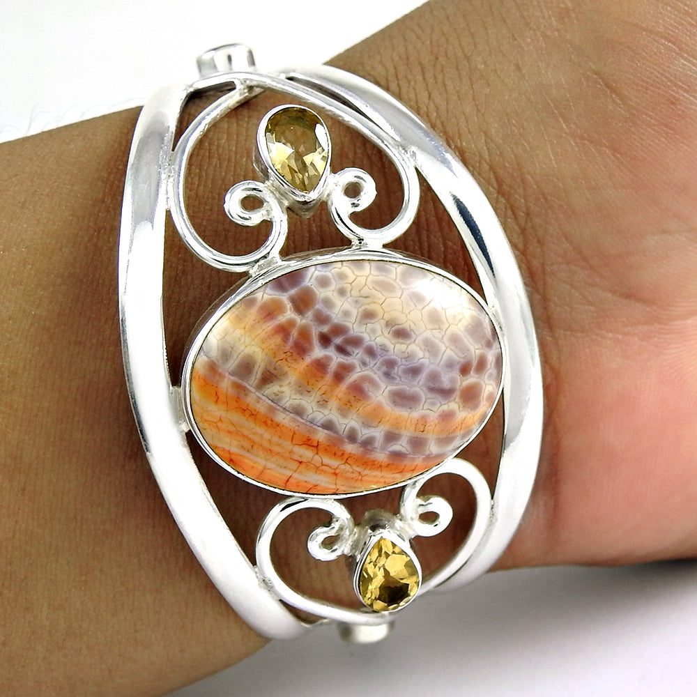 925 Sterling Silver Natural Mexican Fire Agate Citrine Gemstone Open Bangle