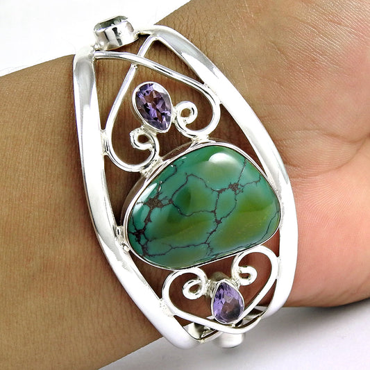 Birthday Gift 925 Silver Natural Turquoise Amethyst Gemstone Cuff Bangle