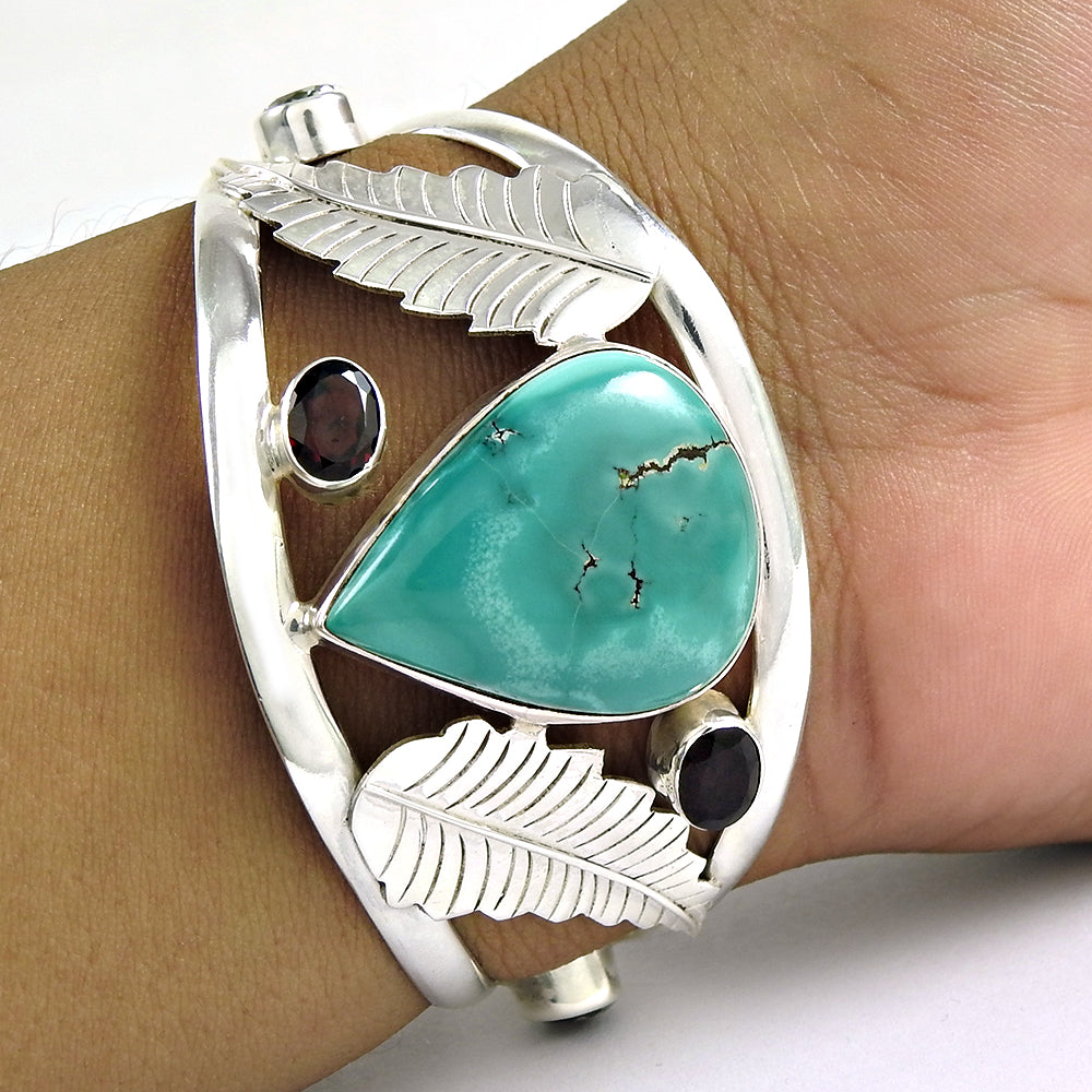 Natural Turquoise Garnet Gemstone Vintage 925 Silver Bangle