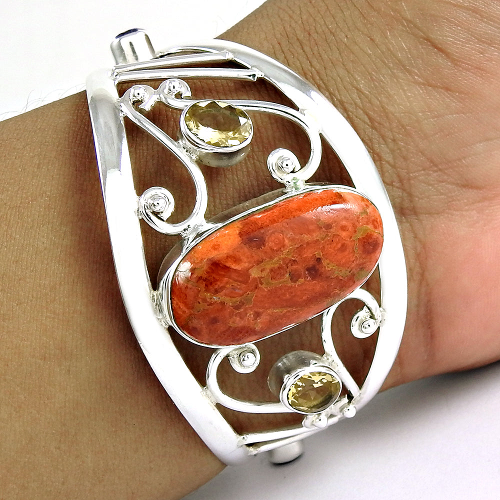 925 Sterling Silver Natural Orange Copper Turquoise Citrine Gemstone Bangle