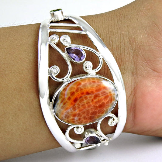 925 Sterling Silver Natural Mexican Fire Agate Amethyst Designer Bangle