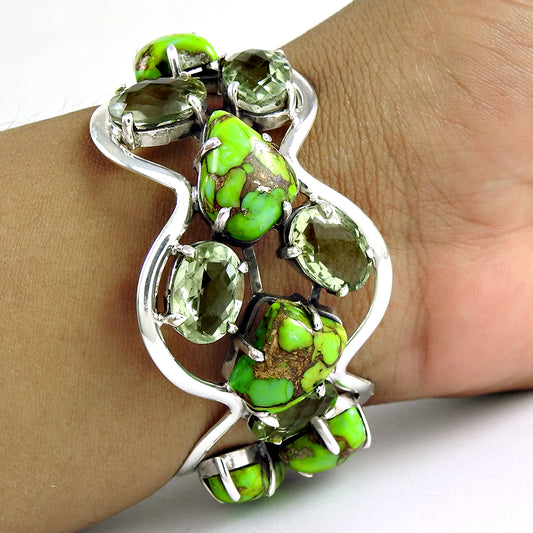 Vintage 925 Sterling Silver Green Copper Turquoise Green Amethyst Cuff Bangle