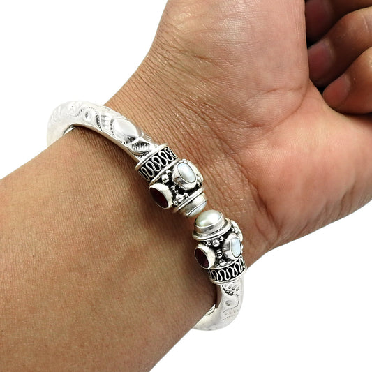 925 Silver Natural Pearl Ruby Emerald Gemstone Statement Bangle