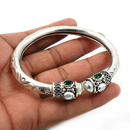 925 Silver Natural Pearl Ruby Emerald Gemstone Statement Bangle