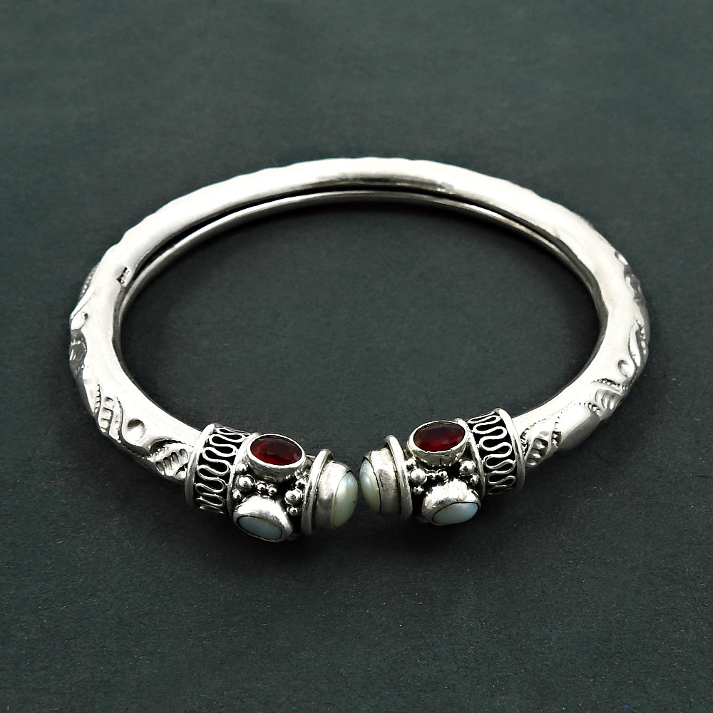 925 Silver Natural Pearl Ruby Emerald Gemstone Statement Bangle