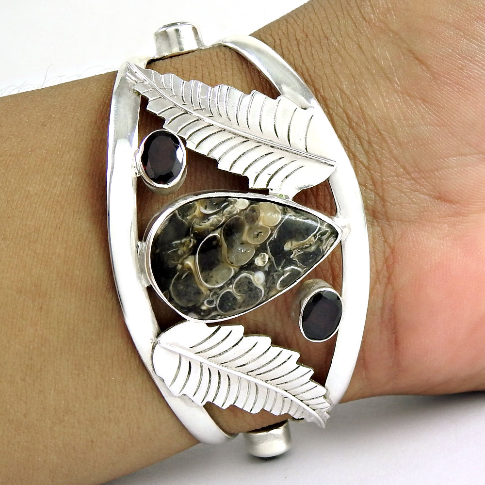 Turritella Agate Garnet Lemon Quartz 925 Sterling Silver Bangle