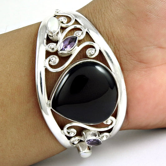 925 Sterling Silver Black Onyx Amethyst Pearl Bangle