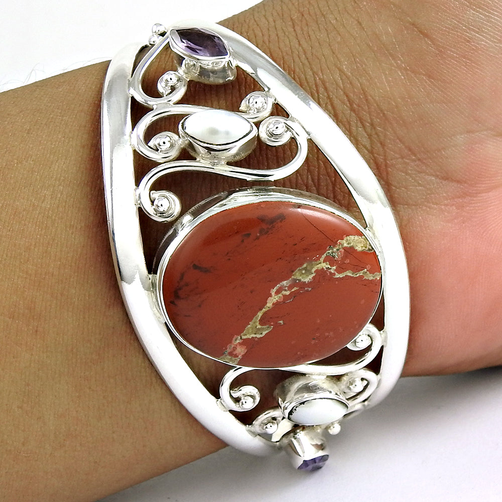 Healing Stone 925 Sterling Silver Red Jasper Pearl Amethyst Cuff Bangle