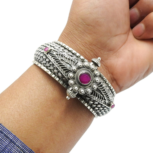 925 Silver Natural Ruby Gemstone Statement Bangle Woman Jewelry