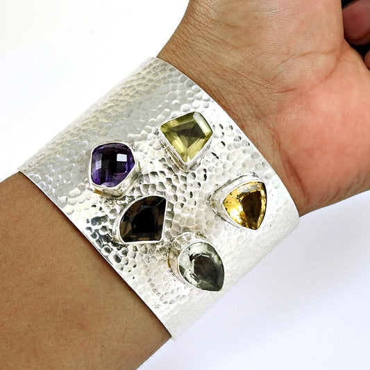Spiritual Natural Gemstones Solid 925 Sterling Silver Open Cuff Bangle