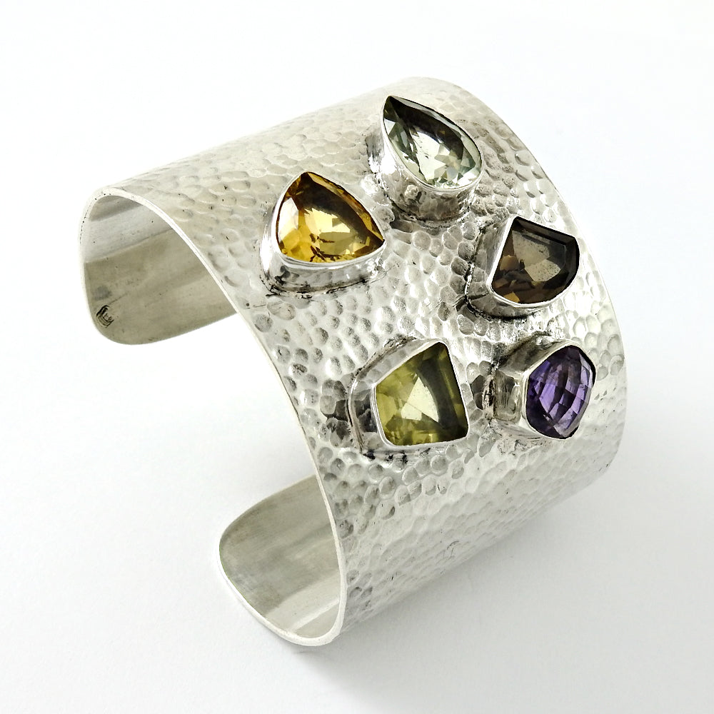 Spiritual Natural Gemstones Solid 925 Sterling Silver Open Cuff Bangle