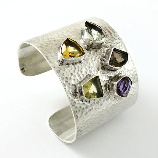 Spiritual Natural Gemstones Solid 925 Sterling Silver Open Cuff Bangle