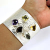 Spiritual Natural Gemstones Solid 925 Sterling Silver Open Cuff Bangle