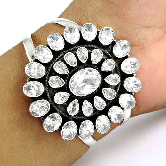 925 Sterling Silver White CZ Vintage Cuff Bangle