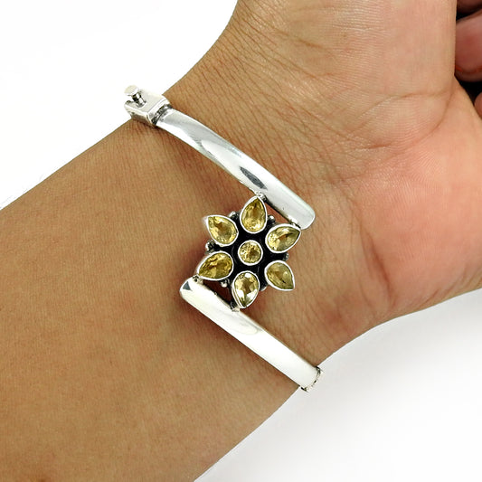 Solid 925 Sterling Silver Natural Citrine Gemstone Flower Bangle