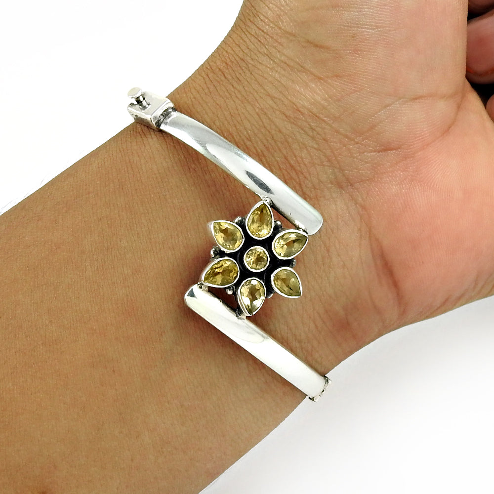 Solid 925 Sterling Silver Natural Citrine Gemstone Flower Bangle