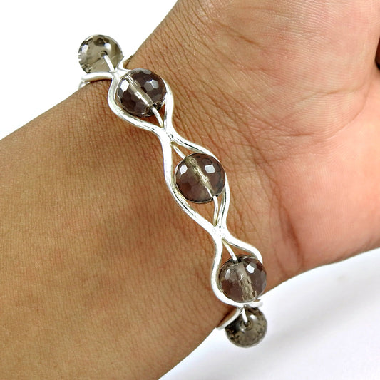 925 Sterling Silver Beaded Smoky Quartz Gemstone Bangle Gift For Women Girls