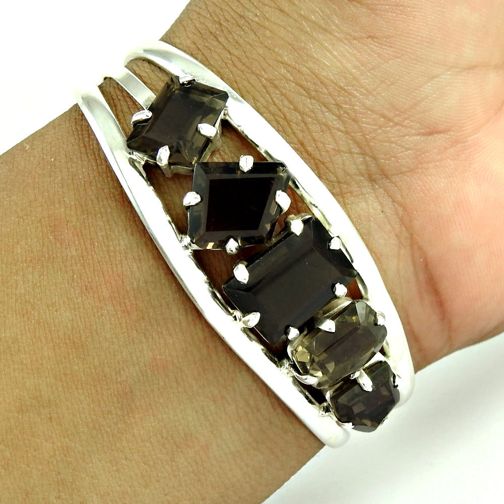 Natural Smoky Quartz Solid 925 Silver Open Bangle