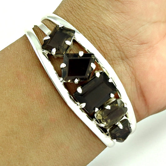 Natural Smoky Quartz Solid 925 Silver Open Bangle