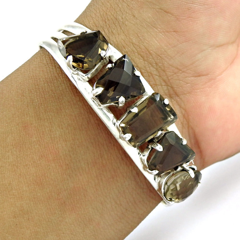 Luxury Natural Smoky Quartz Gemstone Vintage 925 Silver Open Cuff Bangle