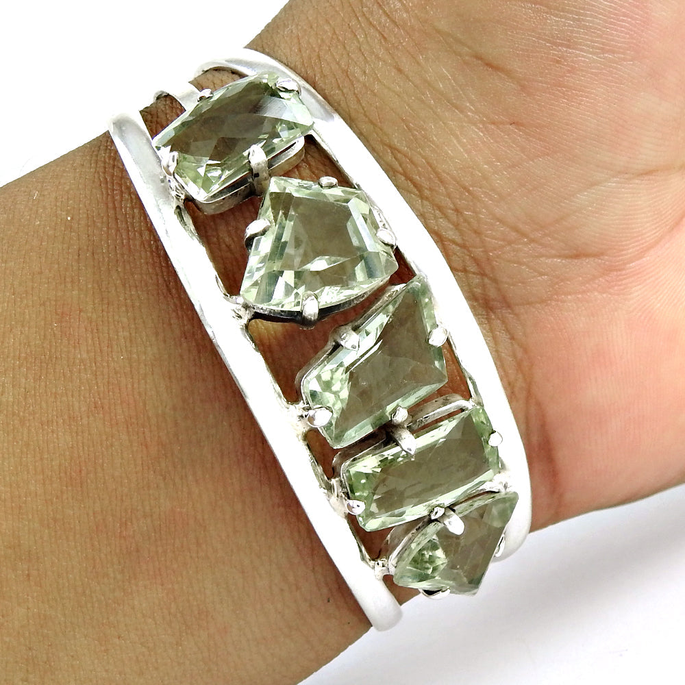 925 Sterling Silver Natural Green Amethyst Open Bangle Party Wear Jewelry