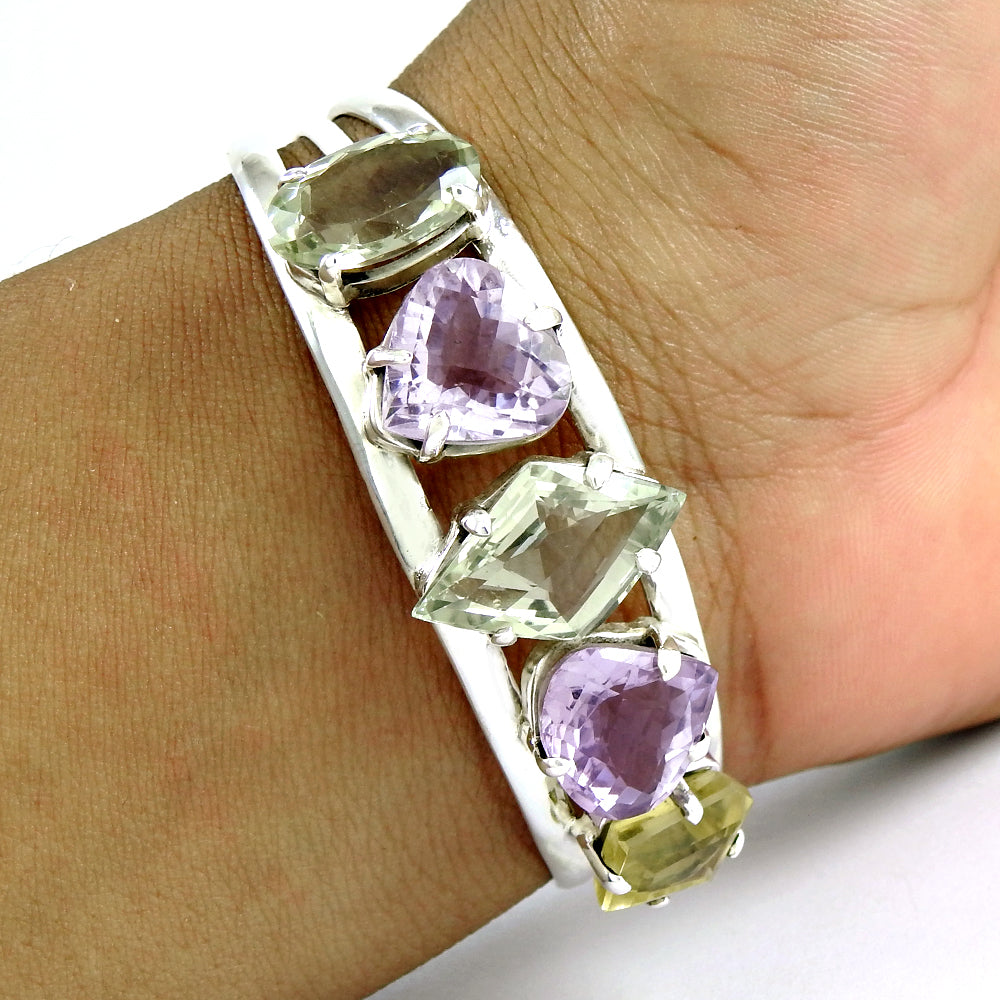 Vintage 925 Silver Natural Green Amethyst Lemon Topaz Amethyst Cuff Bangle
