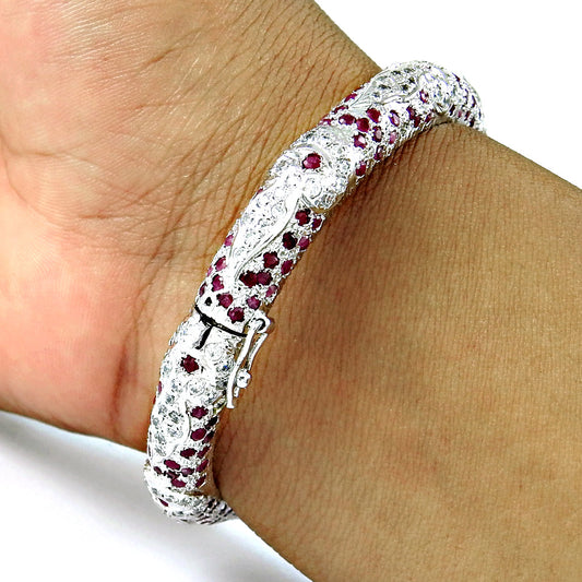 Solid 925 Sterling Silver Natural Ruby White CZ Gemstone Statement Bangle