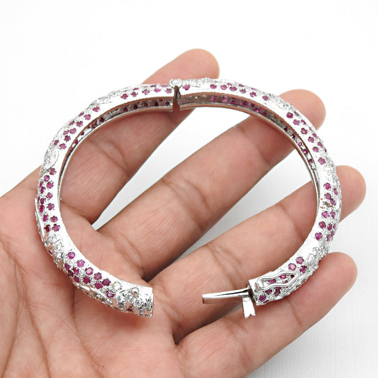Solid 925 Sterling Silver Natural Ruby White CZ Gemstone Statement Bangle