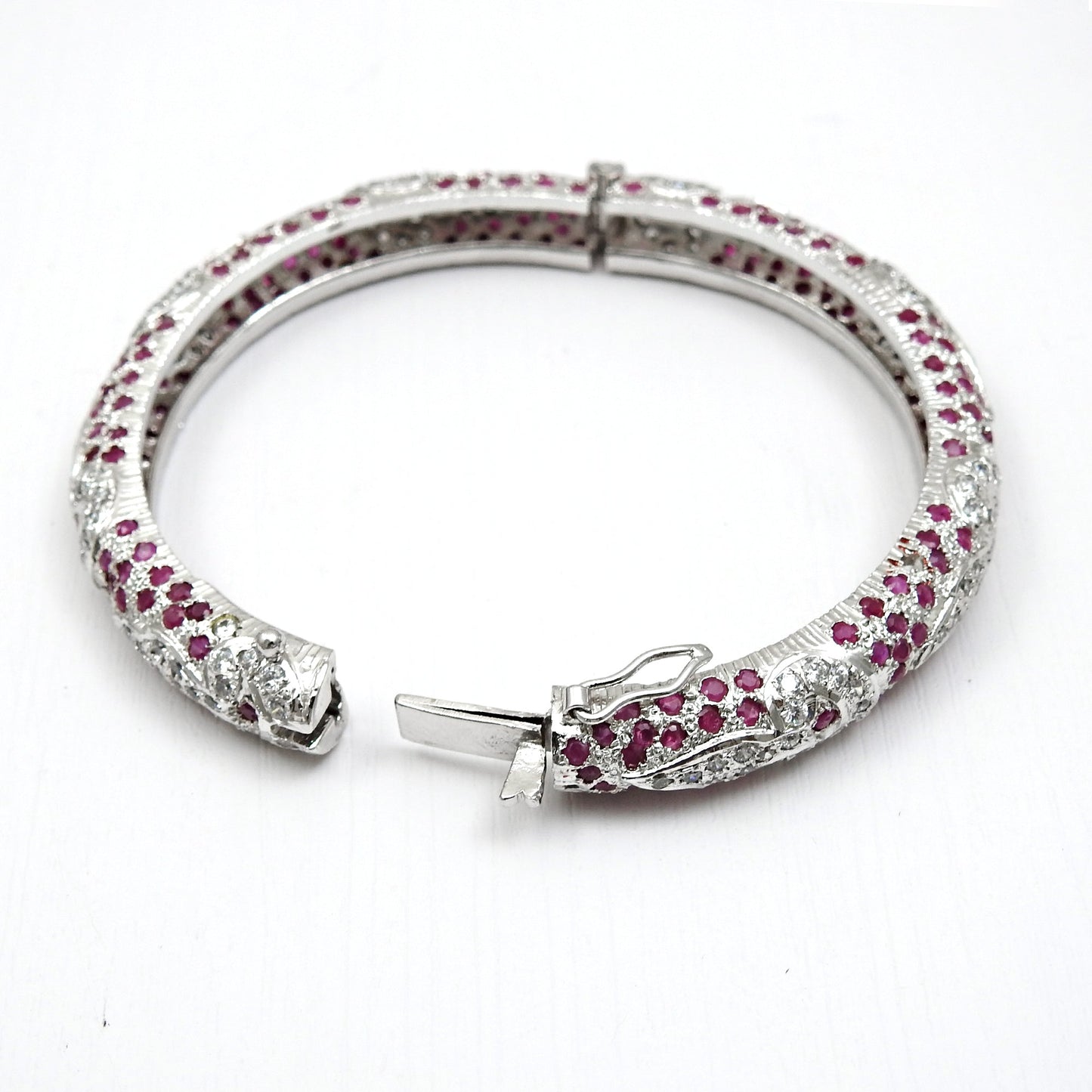 Solid 925 Sterling Silver Natural Ruby White CZ Gemstone Statement Bangle
