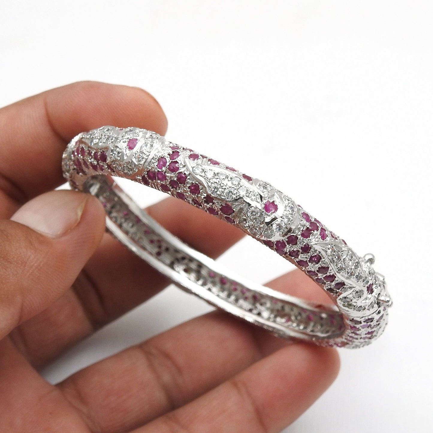 Solid 925 Sterling Silver Natural Ruby White CZ Gemstone Statement Bangle