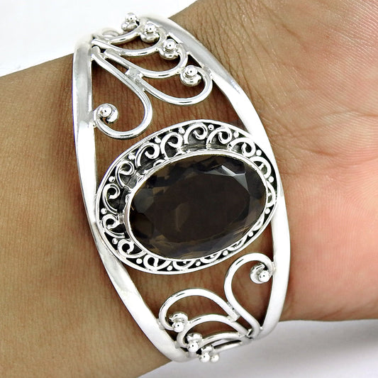 925 Sterling Silver Natural Smoky Quartz Gemstone Cuff Bangle