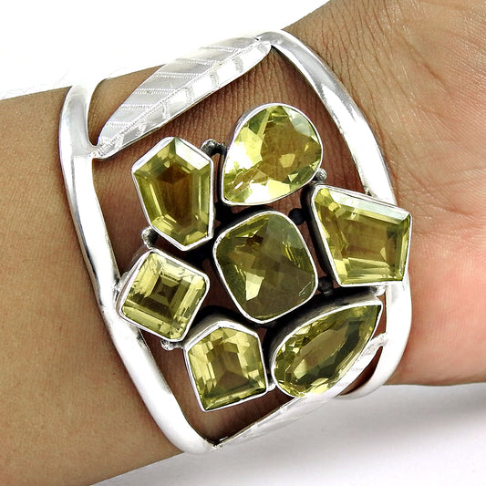 Elegant Solid 925 Sterling Silver Natural Lemon Topaz Gemstone Open Bangle