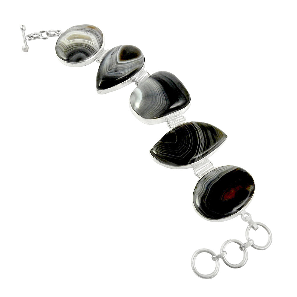 Natural Striped Onyx Gemstone Chain Bohemian Black Bracelet 925 Silver O2