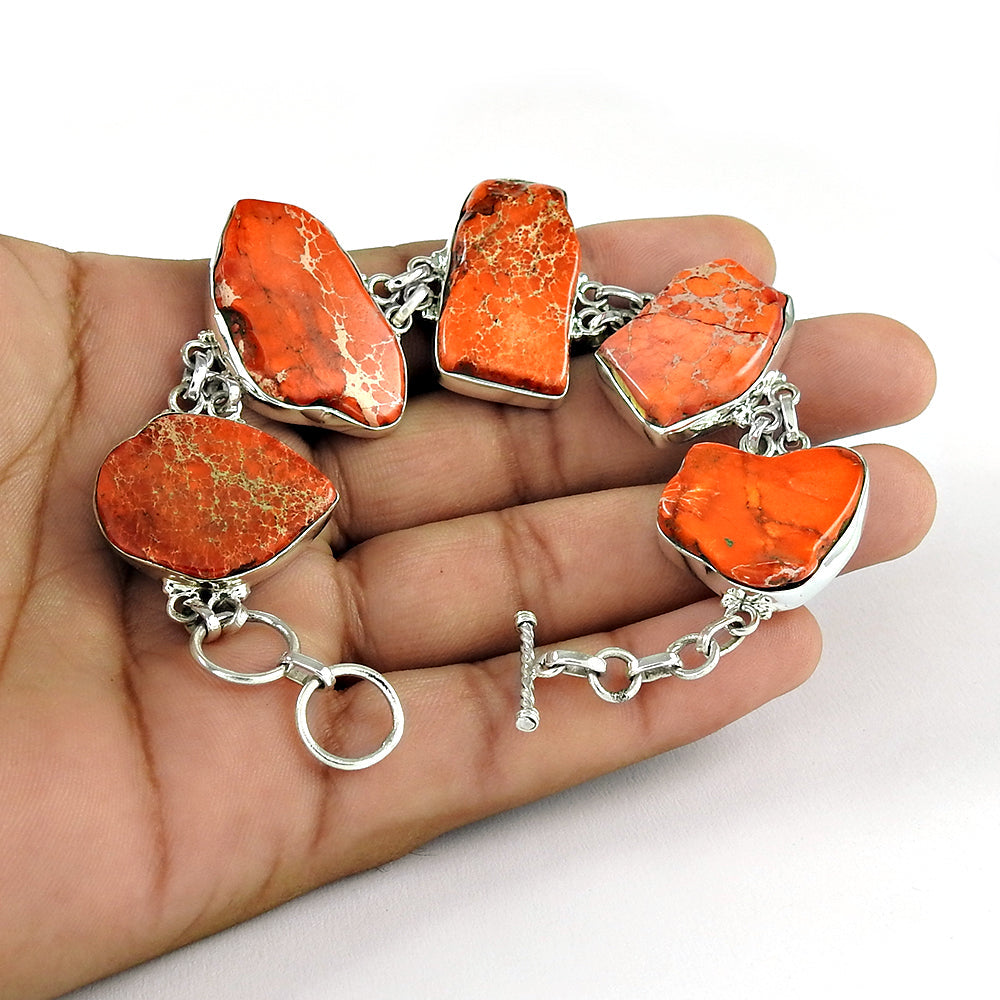 Natural Red Copper Turquoise 925 Silver Chain Ethnic Bracelet For Women R2