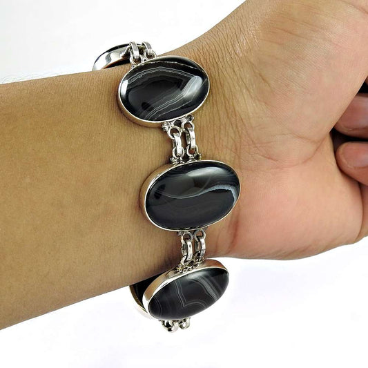 Natural Striped Onyx Gemstone Chain Tribal Bracelet 925 Silver For Girls S2