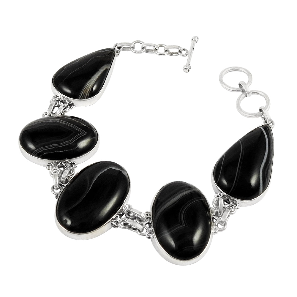 Natural Striped Onyx Gemstone Chain Tribal Bracelet 925 Silver For Girls S2